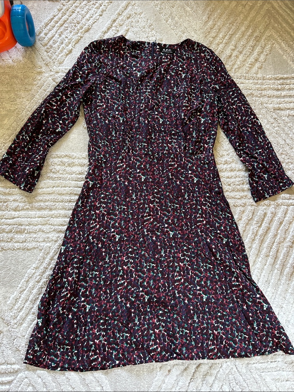 A.P.C. Burgundy Floral Long Sleeve A-Line Silk Dress
